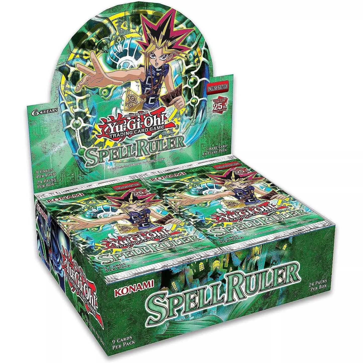 Yu-Gi-Oh! Spell Ruler 25th Anniversary booster display box featuring iconic artwork and packs for trading card game fans.